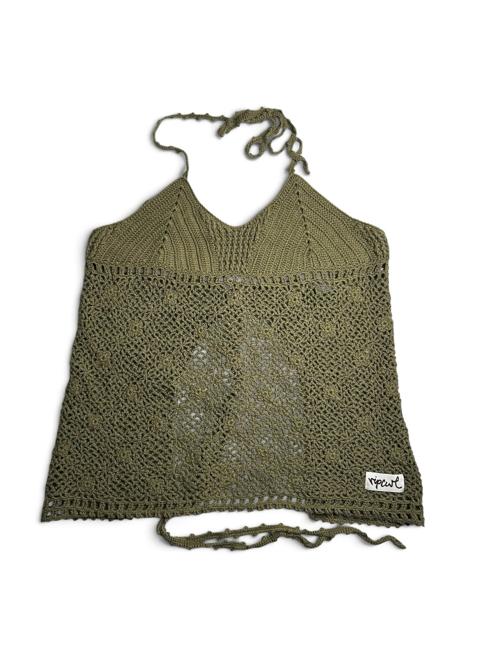 Rip Curl Y2K Crochet Halter Top Olive Green Lace Up Boho Surf Women's Small